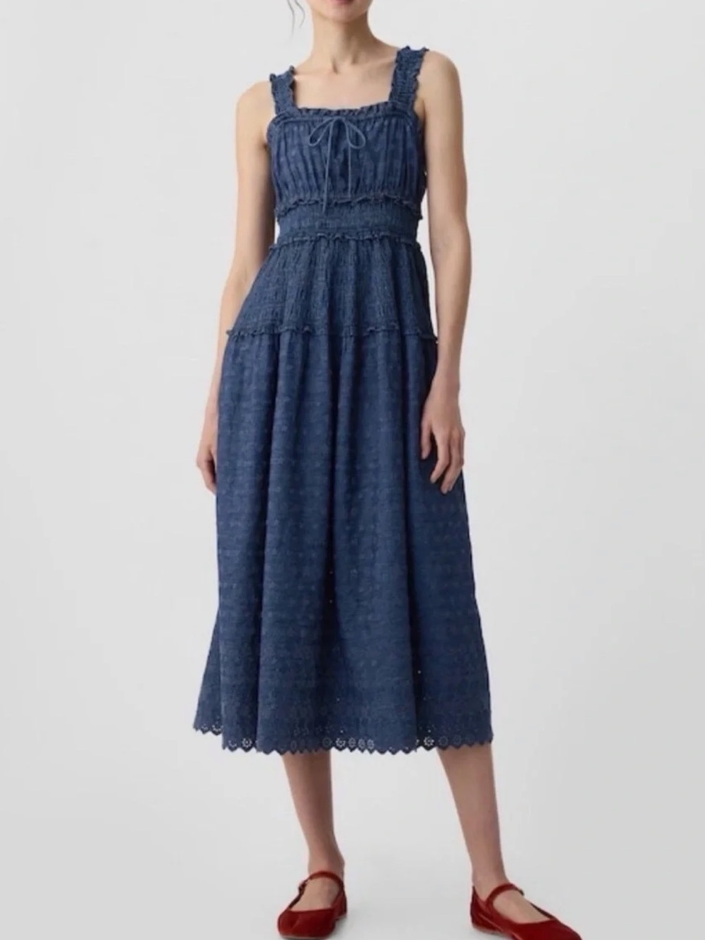 GAP X Doen Women's Navy Eyelet Midi Dress - Elegant Square Neck